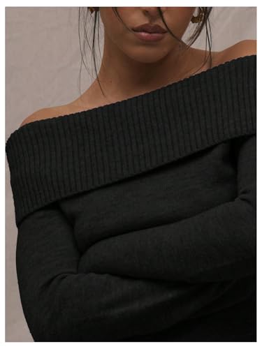 Women's Y2k Off The Shoulder Sweaters Fold Over Long Sleeve Knit Jumper Fitted Pullover Tops4