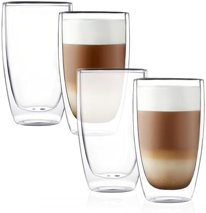 CNGLASS Double Wall Thermo Glass Coffee Cup 13.5 oz,Clear Insulated Glass Coffee Mug for Latte Cappuccino Tea Milk,Set of 4