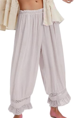 Image of UAURORAO Women Lace Trim Long Bloomers Elastic Mid Rise Ruffle Pantaloons Cropped Flared Slips Pants Pajama Bottoms