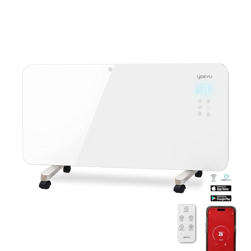 YOEVU | Radiador eléctrico bajo consumo 2000W | Programable con control móvil y WIFI | Termostato regulable | Soporte con ruedas | IP24 | Protección sobrecalentamiento | Blanco