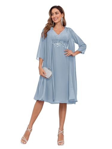 Image of BONOYUER Dusty Blue Mother of The Bride Dress with Jacket Lace Applique V Neck A Line Wedding Guest Dress Size 16