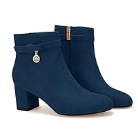 Coutgo Women's Ankle Boots Chunky Block Low Heel Vintage Tie Knot Booties Shoes with Side Zipper, Navy, 3 UK