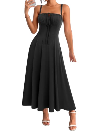 Image of YATHON Women's Summer Midi Corset Boho Dresses Spring Casual Floral Spaghetti Straps Lace Up Dress Flowy Aline Beach Sundress