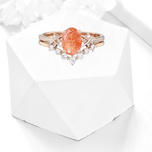 Sunstone Wedding Ring Set 925 Sterling Silver 10K 14K 18K Gold Oval Cut Orange Sunstone and Moissanite Engagement Ring Set Bridal Ring Sets for Women Free Engraving3