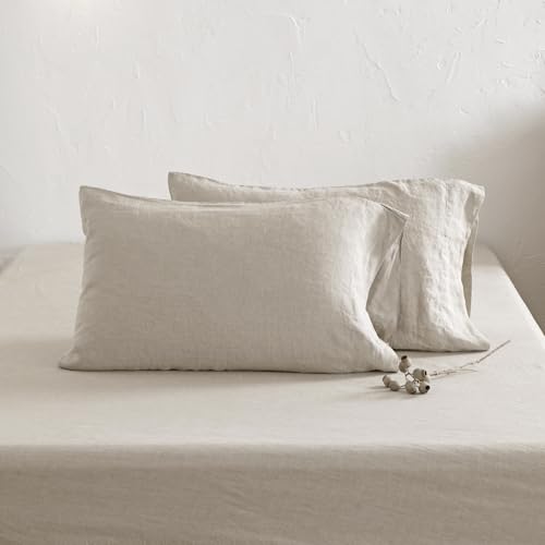 Image of ATLINIA 100% Pure Flax Linen Bedding Set - Stone Washed French Linen Fabric Deep Pocket Fitted Sheet Farmhouse Flat Sheet 2 Pillowcases (Natural, Full)