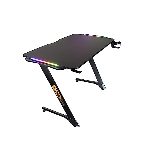 Mesa Gamer Nuker LED RGB com Mouse Pad, Organizador de fios Suporte de Copos até 120kg em Carbono -