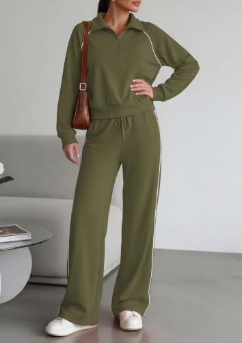 PRETTYGARDEN Women's 2 Piece Outfits Casual Lapel Half Zip Sweatshirts and Wide Leg Pants Tracksuit Sets (Style2-Army Green,XX-Large) — view 6