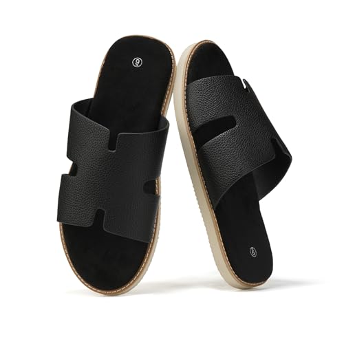 Summer Men Sandals for Leather, Comfortable Flats with Memory Foam Insole, EVA Outsole Non-Slip Casual Fashion H-Slides