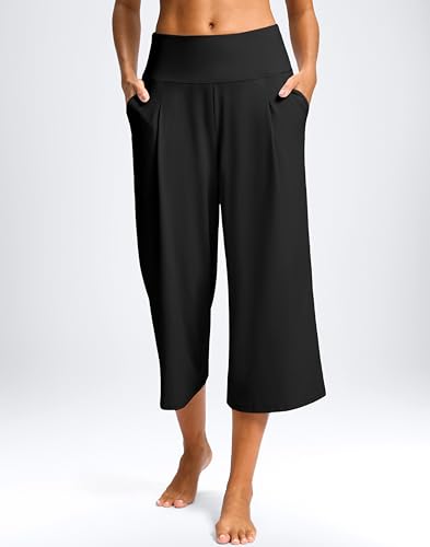 SANTINY High Waist Wide Leg Cropped Yoga Pants for Women with Pockets Casual Loose Tummy Control Capri Pants