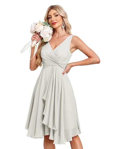 Image of Women's V Neck Short Bridesmaid Dresses 2025 Ruched Waist A Line Chiffon Formal Cocktail Party Dress