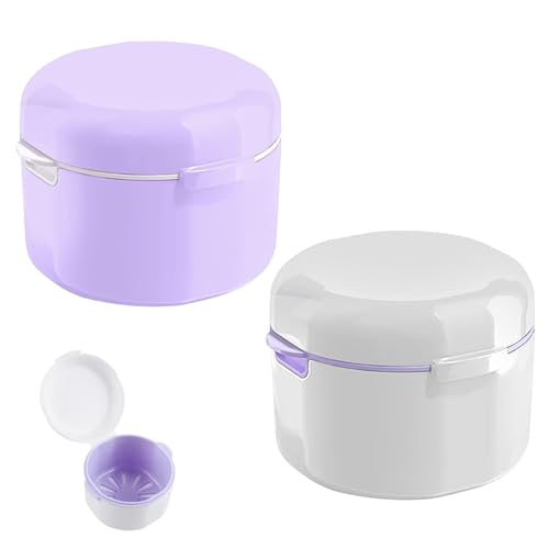 MEISO 2 Piezas Caja de Dentaduras, Caja para Prótesis Dentales, Caja para Dentaduras Postizas con Filtro y Cestillo, Estuche de Limpieza de Retenedor de Ortodoncia, Contenedor por Alineadores Dentales