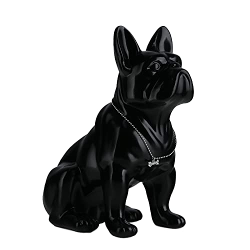 SHENGTIAN Statue Bouledogue Français – Sculpture Moderne en Résine avec Collier Argenté – Statuette de Chien pour Salon, Bureau, Couloir et Chambre (Noir, 31cm)