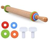 Victhur Rolling Pin with 4 Adjustable Thickness Rings and Long Handle 13.6 Inch Wooden Dough Roller for Baking, Dough, Cookie, Cake, Fondant, Pizza and Pie Crust