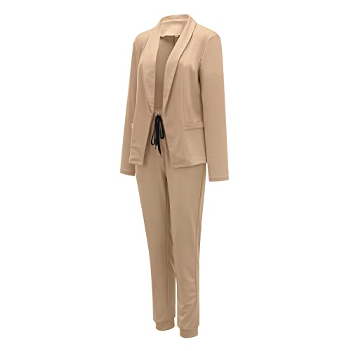 Women's Two-Piece Lapels Set Office Business Long Sleeve Formal Jacket Pant Suit Slim Fit Trouser Women's Clothing, Khaki #TOP6