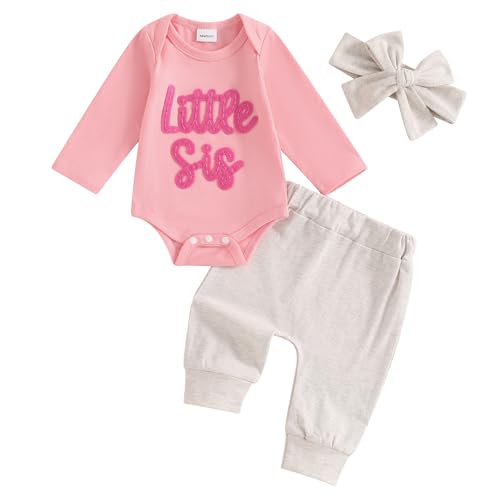Image of Rarjuiey Newborn Baby Girl Outfits Little Sister Coming Home Outfit Lil Sis Romper Tops Pants Headband 3Pcs Summer Clothes (Pink Cute, Newborn)