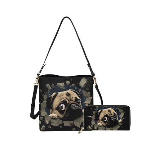 Image of HUGS IDEA Leather Purses and Handbag for Women Bucket Bag with Wrist Wallet 2 Packs