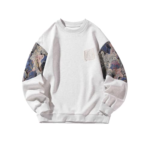 GMOYD Mens Bear Embroidered Sweatshirt Vintage Patchwork