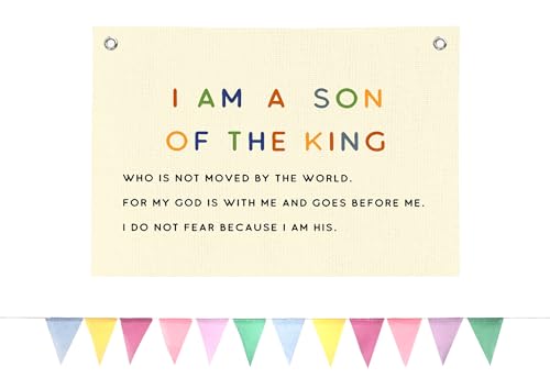 BOQTMK Christian Wall Decor Set for Boys Room, Bible Verse Linen Banner 30x20 Inch+4m 12Pcs Colorful Triangle Flag Banner, I Am A Son of The King Neutral Wall Decor, Birthday Christmas Gift