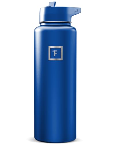 Image of IRON FLASK Camping & Hiking Hydration Flask with Straw, Wide Mouth Insulated Stainless Steel Sports Water Bottle - Twilight Blue 40 oz - Straw (1 Lid)