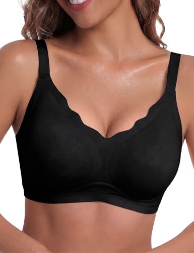 Bresdk Brassiere Femme sans Armature Soutien Gorge Push Up Bonnet Intégral Rembourré Noir L