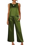 Ekouaer Women Satin Silk Pajamas Sets 2 Piece Pj Sets Sleeveless Tops and Long Pj Pant Set Soft Sleepwear Crewneck Cami Deep Green Large