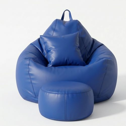 Image of 5XL Premium Leatherette Bean Bag with Rectangular Footrest & Cushion | High Density EPS Beans Filled | Teardrop Shape with Handle | 6 Months Warranty (Royal Blue, 5XL Combo Pack, Solid)