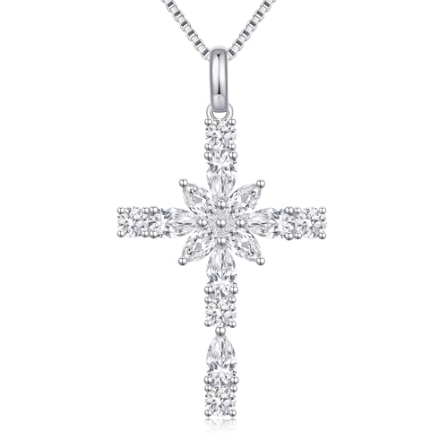 925 Sterling Silver Cross Necklace for Women，Birthday Delicate Star Cross Necklace Jewelry Gifts for Women，Birthstone Religious Jewelry for Mom, Chain 18 inch