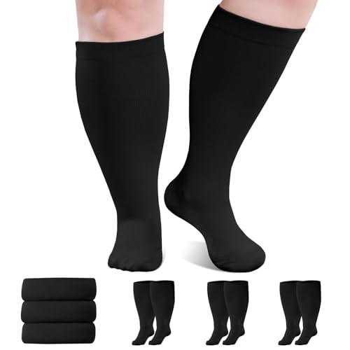 Image of Plus Size Compression Socks 20-30mmHg Wide Calf for Men Women, Extra Large Compression Stockings Support for Running, Travel, Nurses, Pregnancy (3 Pairs)