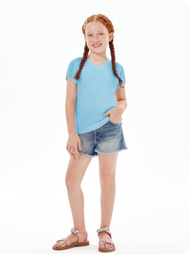 Image of Haloumoning Girls V Neck T-Shirts Kids Summer Swiss Dot Short Sleeve Tops Cute Fashion Tees 5-14 Years