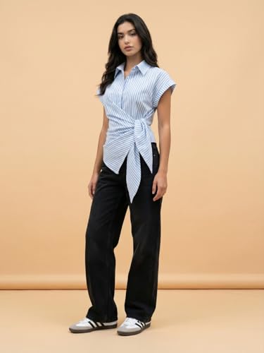 Image of Women Striped Wrap Style Cotton Shirt Drop Shoulder Casual Wear