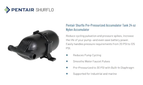 Image of PENTAIR SHURFLO 182-200 Pre-Pressurized Accumulator Tank, 125 PSI, 24 oz | Pre-Charged Diaphragm Tank Reduces Pump Cycling, Water Pulsation, Pressure Spikes, Noise and Battery Consumption