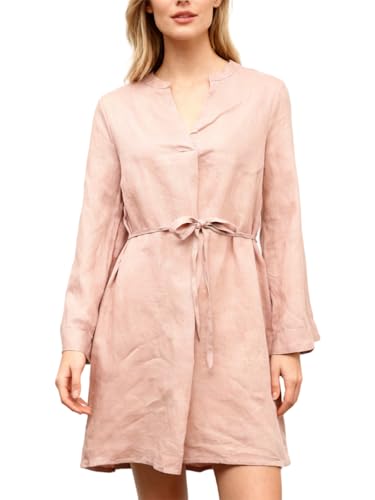 Amazhiyu Leinenkleider für Damen, lässig, langärmelig, V-Ausschnitt, Midi-Hemdkleid mit Gürtel für Sommer/Herbst, knielang, rose, L