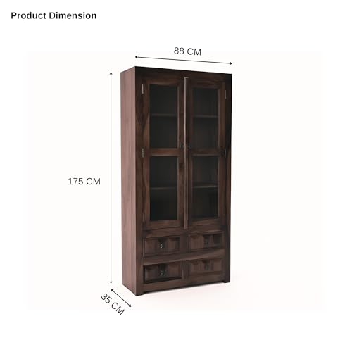 Image of SONA Art & Crafts Solid Wooden Book Shelf Cabinet with Glass Rack and Drawer Storage for Home & Office Living Room | Crockery Cabinet for Kitchen Library (Walnut Finish)