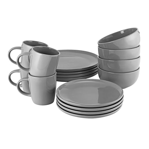 ProCook Stockholm Charcoal Grey Dinner Set with Mugs Stoneware Scandinavian Style Flat Base Dishwasher, Microwave & Oven Safe Dinnerware 16 Piece, 9.5/15.5/21/27 cm