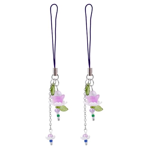 2pcs Lotus Flower Phone Strap, Zinc Alloy Glass Beaded Flower Phone Charm Aesthetic Elegant Keychain Charms for Women Bag Wallet (Purple)