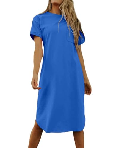Image of Dyexces Summer Dress for Women Crew Neck Short Sleeve Solid Basic T-Shirts Casual Midi Dresses with Pocket