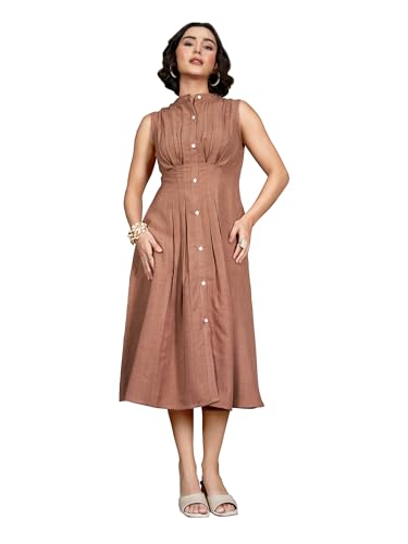 Image of PURVAJA Women's Pleated Knee Length Sleeveless Mandarin Collar Solid Dress