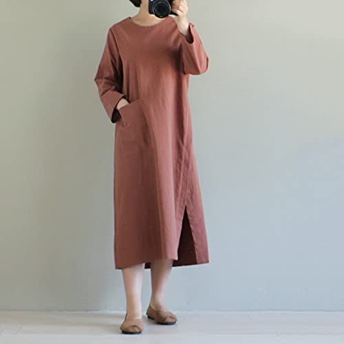 Pampera(パムペラ) マキシワンピース レディース 綿 長袖 ロングワンピース 体型カバー カジュアル Tシャツワンピ リラックス オーバーサイズ ポケット付き 無地 春 夏 秋 P970