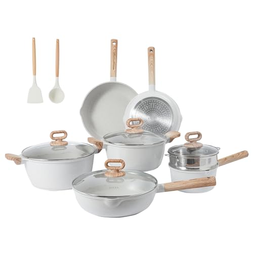 KOLEX Juego de utensilios de cocina antiadherentes de 13 piezas, juego de ollas y sartenes saludables, juego de cocina no tóxico con asas que se mantienen frías, herramientas de silicona, libre de