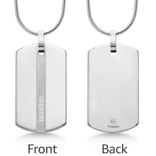 Gem Stone King Polished Shiny Silver Tungsten Carbide Men's Dog Tag with Matte Finish Stripe and 6 Accent White Lab Grown Diamonds on 24 inch Snake Chain4
