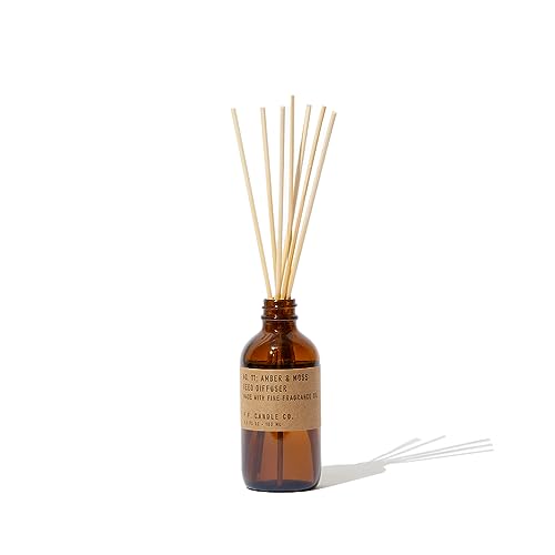 P.F. Candle Co. Amber & Moss Classic Scented Rattan Reed Diffuser (3.5 fl oz) Amber Glass Jar, Fine Fragrance Oil, Flame-Free Fragrance, Made in The U.S.A.
