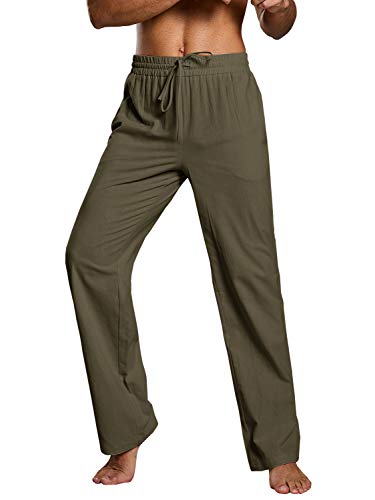Image of PASLTER Mens Cotton Linen Pants Casual Summer Beach Pants Dress Trousers | Loose Fit, Elastic Drawstring Waist, Lightweight, Straight-Legs, Slacks, Yoga, Work, Vacation, Quick Dry