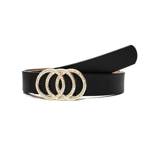 Glamorous Rhinestone Belt For Women Stylish Triple Ring Buckle Durable Black Leather Waistband Forward Jeans2