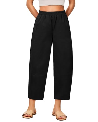 GRAPENT Wide Leg Pants Woman High Waisted Trendy Cropped Barrel Pull On Baggy Elastic Waist Loose Fit Pants with Pockets