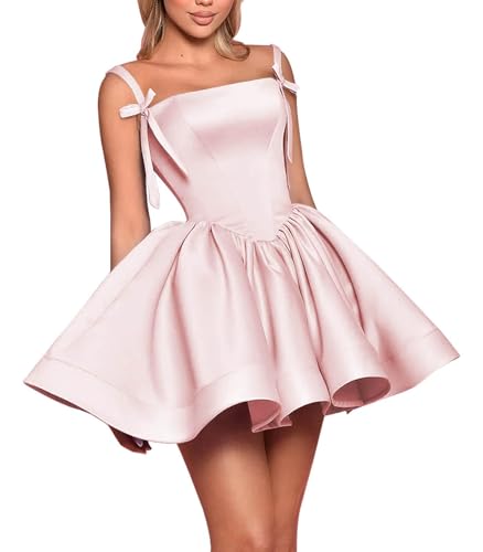 Homecoming Dresses Short Prom Dresses for Teens 2025 Satin Scoop Neck HOCO Dress with Bow Pockets TH06