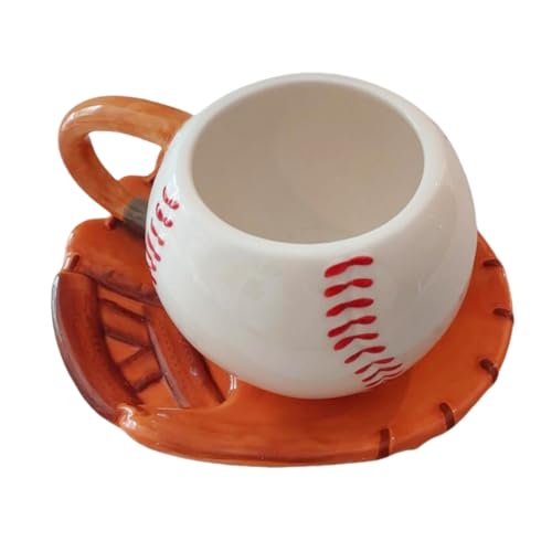 FORLONG 12oz Ceramic Coffee Mug & Saucer Baseball Design