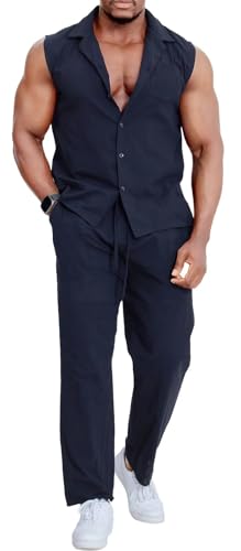 Epoleatries Set da uomo in cotone e lino, 2 pezzi, per vacanze al mare, senza maniche, camicia con bottoni, pantaloni lunghi casual, nero, X-Large