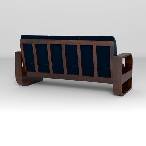 Image of Solid Sheesham Wooden 3 Seater Sofa Set with Blue Cushion for Living Room Furniture - Walnut Finish
