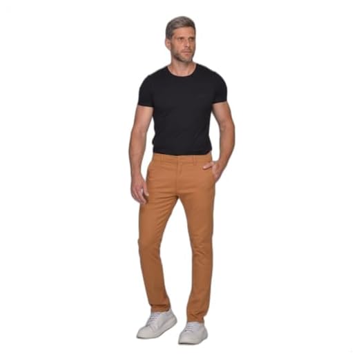 Calça Masculina Sarja Chino Com Elastano Social Sport Fino Slim Elegante Bolso Faca Embutido Casual Escritório (BR, Numérico, 38, Slim, Regular, Calça Caramelo)