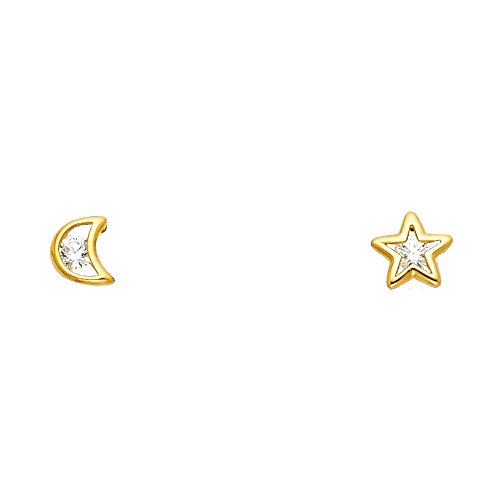 14k Yellow Gold Open Star and Moon Stud Earrings with Screw Back2